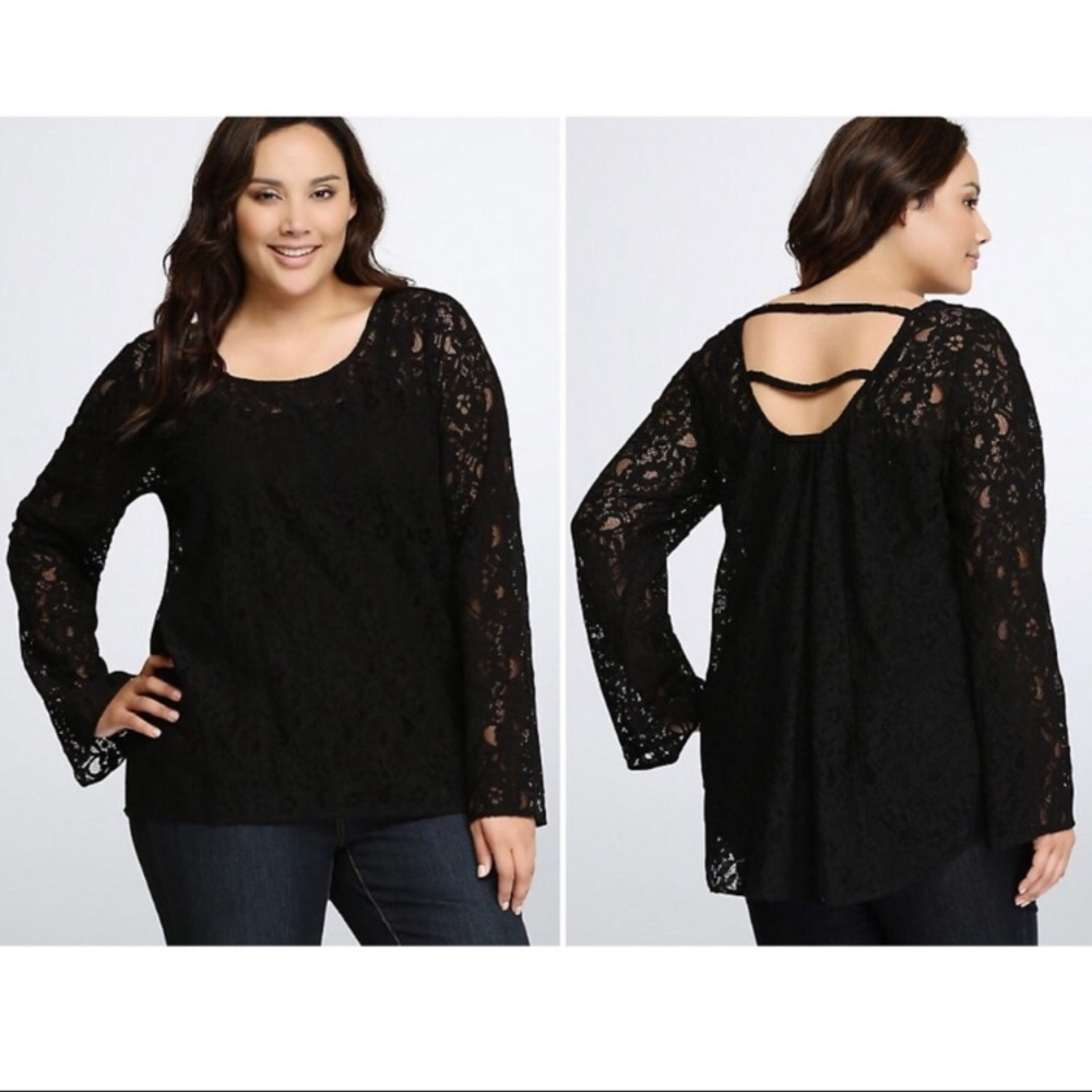 Torrid black lace sheer blouse w bell sleeves, 1X